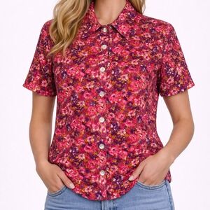 Peaces USA Vintage Floral Button Up Shirt Short Sleeve Medium Cottage Spring